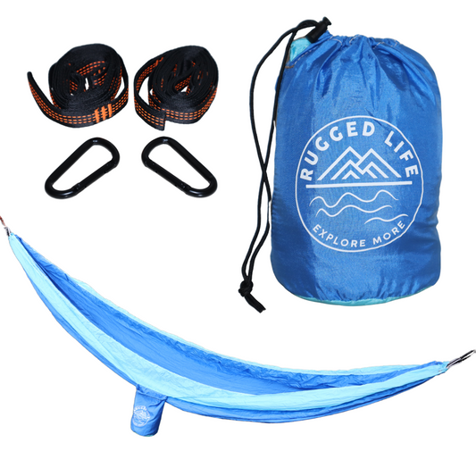 Rugged Life Heavy Duty Foldable Hammock with Daisy Chains & Carabiners - 200kg capacity - Blue