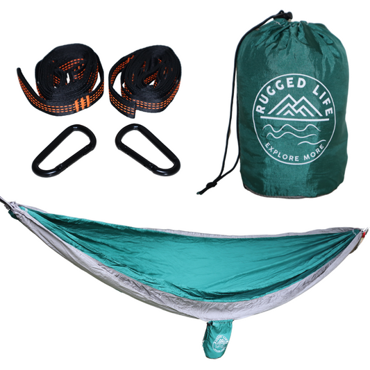 Rugged Life Heavy Duty Foldable Hammock with Daisy Chains & Carabiners - 200kg capacity - Green