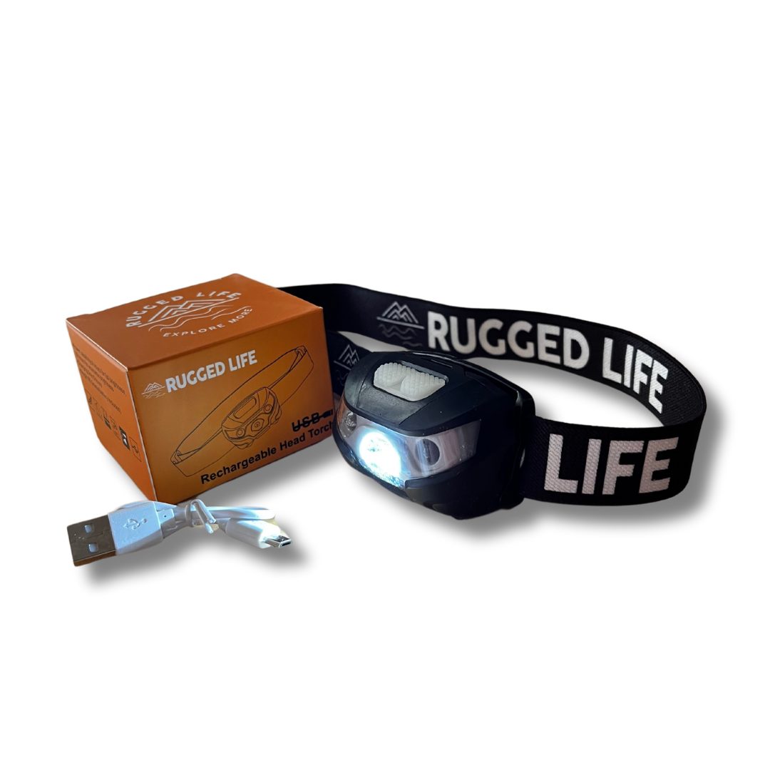 RUGGED LIFE USB RECHARGEABLE HEAD TORCH WITH MOTION SENSOR