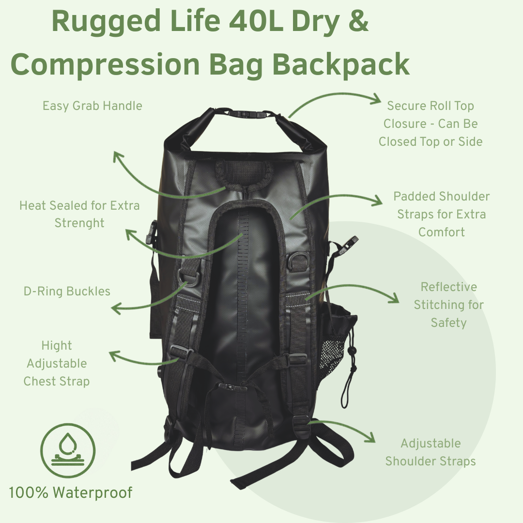 Rugged Life 40L Dry & Compression Bag Backpack - Heavy Duty Black