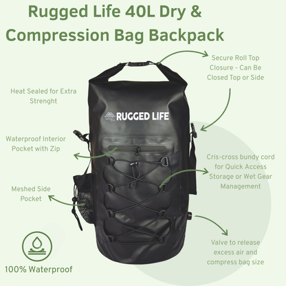 Rugged Life 40L Dry & Compression Bag Backpack - Heavy Duty Black