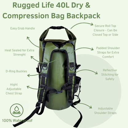 Rugged Life 40L Dry & Compression Bag Backpack - Heavy Duty Black
