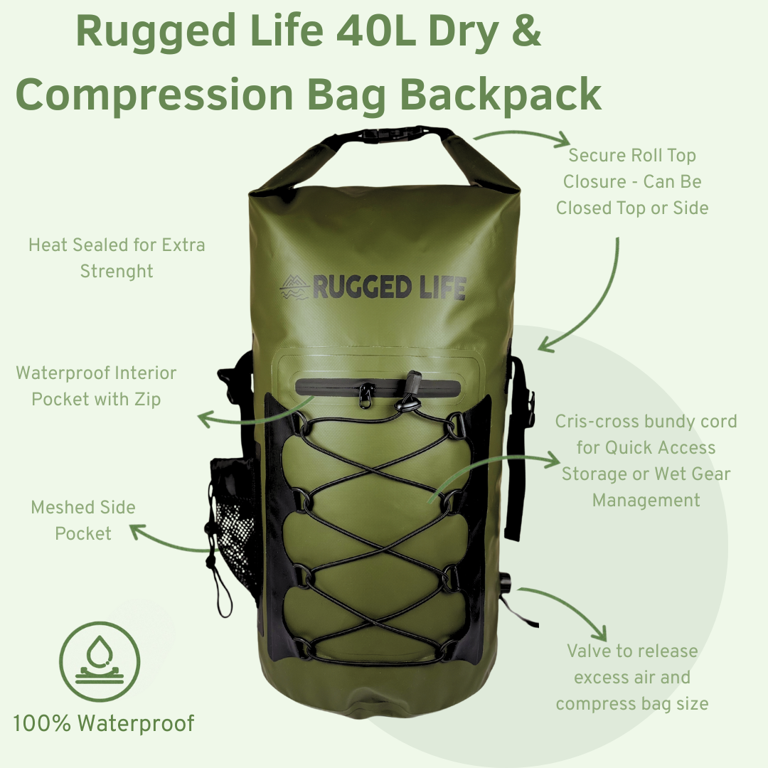 Rugged Life 40L Dry & Compression Bag Backpack - Heavy Duty Black