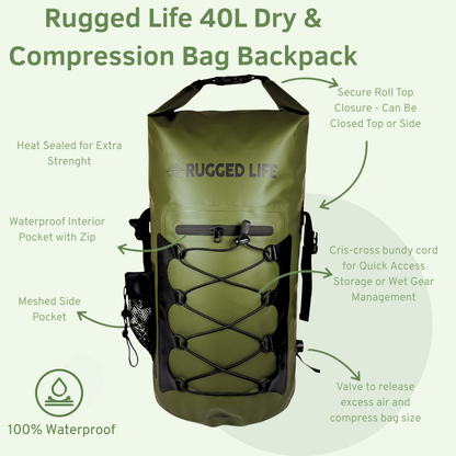Rugged Life 40L Dry & Compression Bag Backpack - Heavy Duty Black
