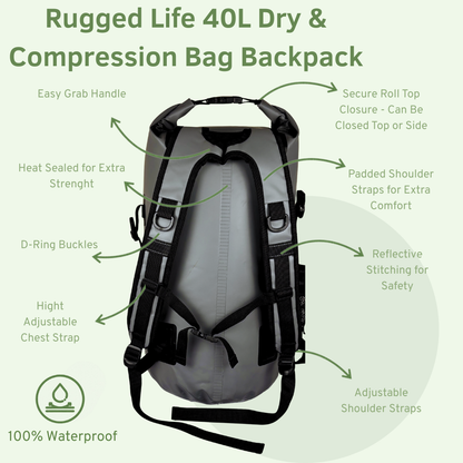 Rugged Life 40L Dry & Compression Bag Backpack - Heavy Duty Black