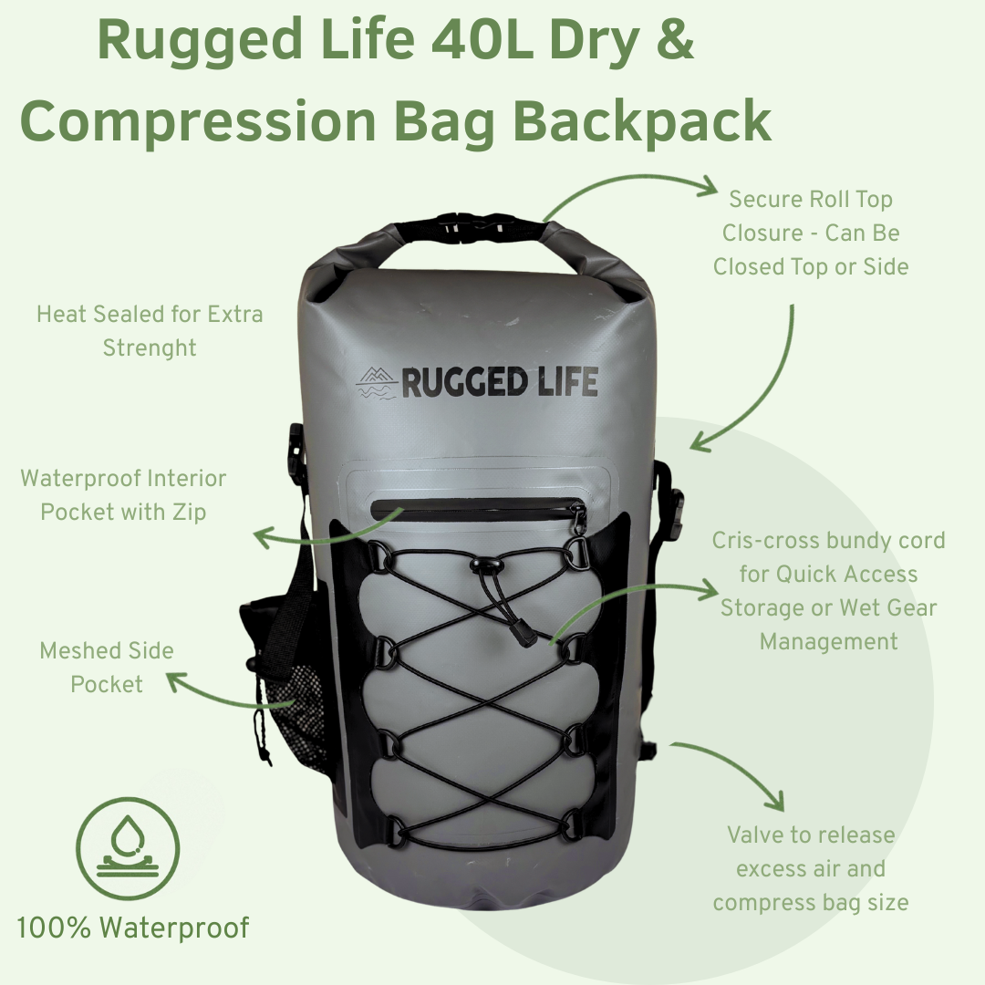 Rugged Life 40L Dry & Compression Bag Backpack - Heavy Duty Black